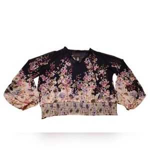 Women’s XL WHBM White House Black Market Floral Long-Sleeve Smocked Waist Blouse